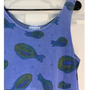 Vintage Fresh Produce Fish Print Maxi Dress Periwinkle Blue Cotton Sleeveless L